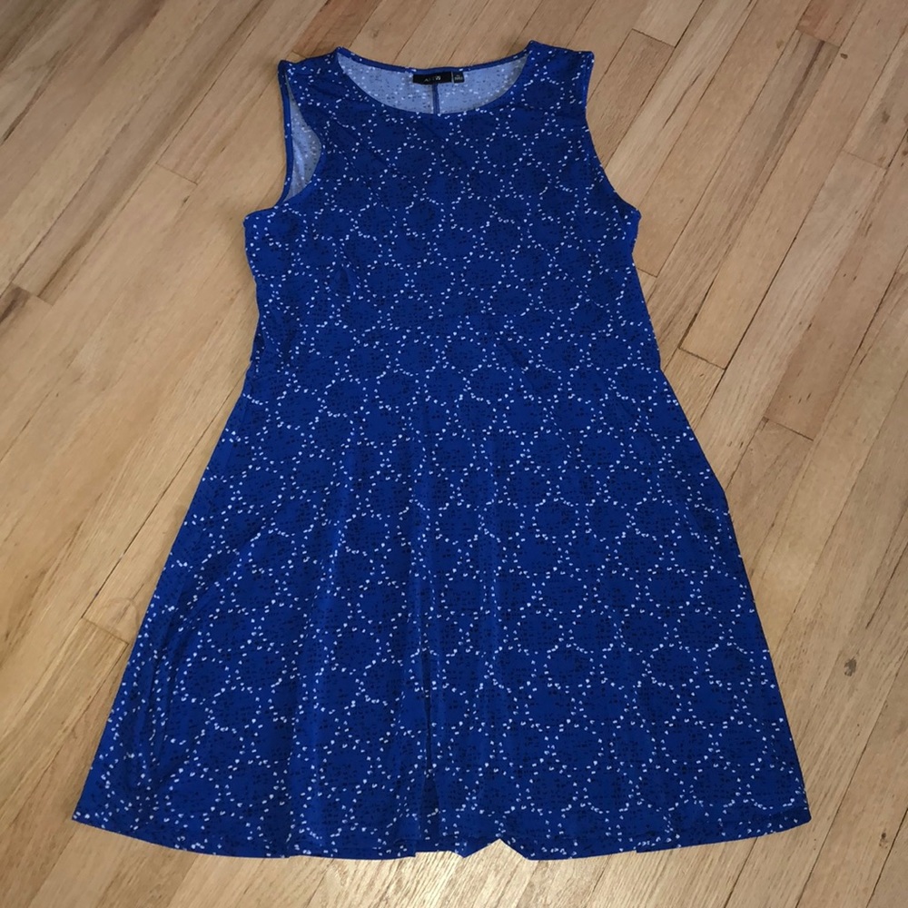 Blue, black and white dress